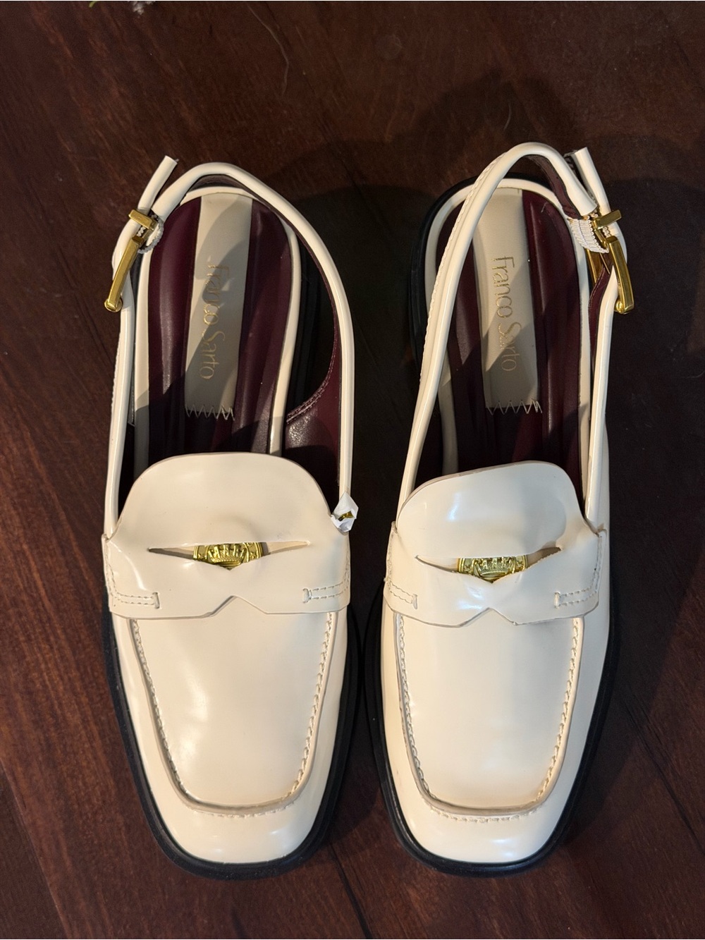 Franco Sarto Ivory Patent Slingback Loafers Gold Hardware Block Heel